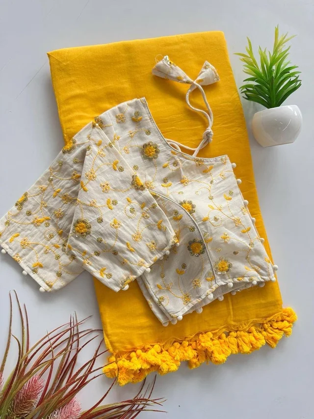 Khadi Cotton Saree | Embroidered Padded Blouse (CF-191) - Yellow