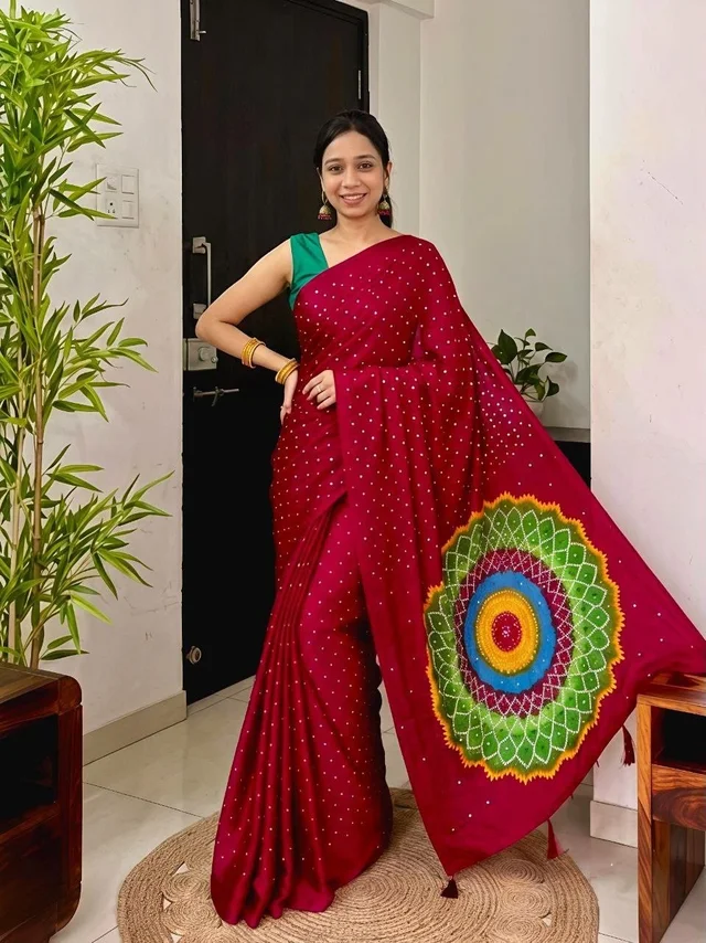 Ajrakh Mirror Work Bandhani Print Soft Satin Silk Saree