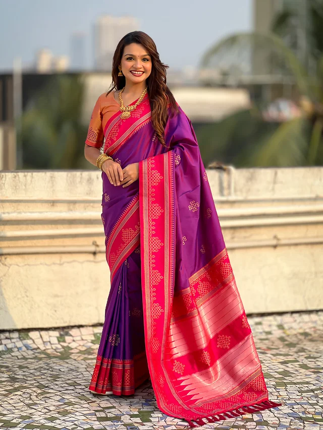 Art Soft Silk Saree with Silver Zari Temple Pallu & Golden Zari Border