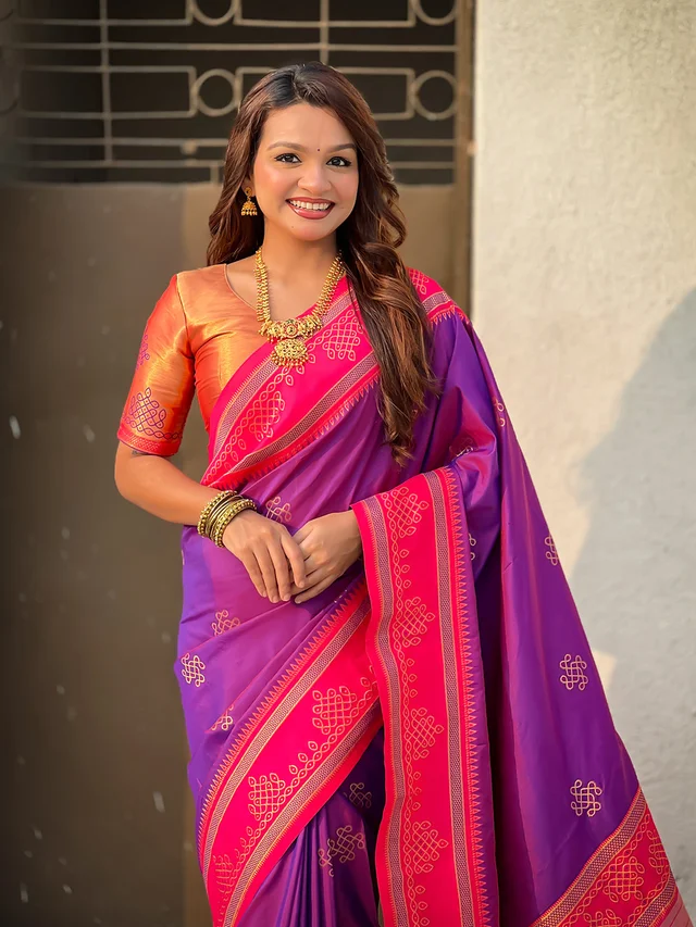 Art Soft Silk Saree with Silver Zari Temple Pallu & Golden Zari Border - FREE, PURPLE PNK