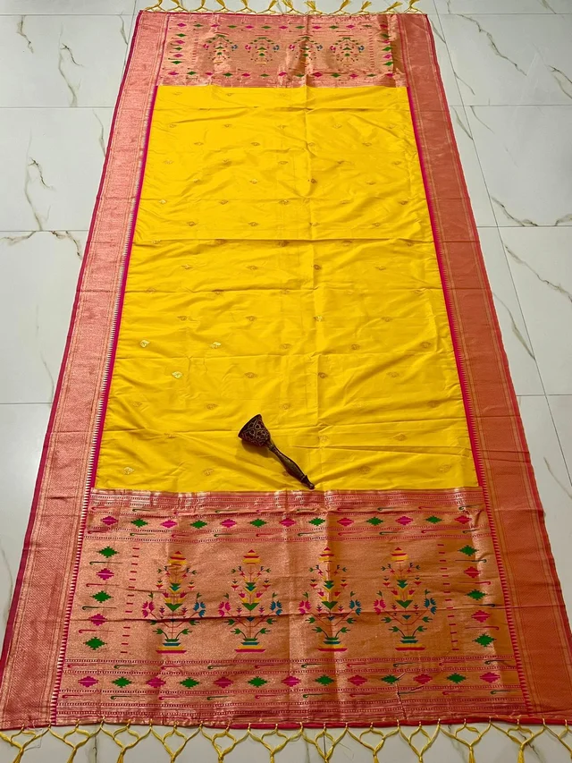 Auspicious Yellow Soft Silk Dupatta with Beautiful Meenakari Style Guldasta Weaving Rich