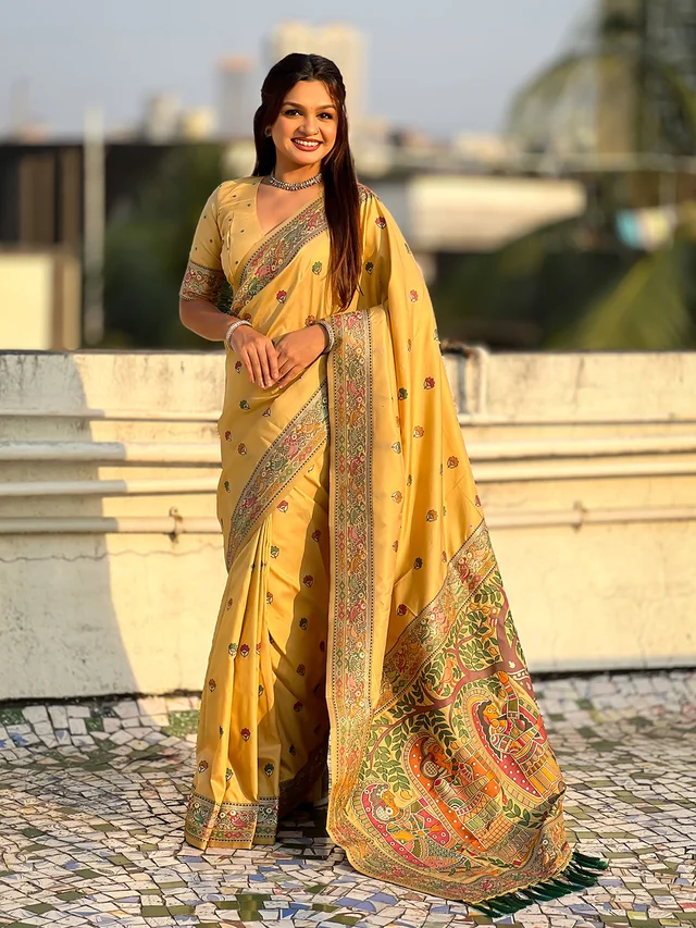 Authentic Baluchari Soft Silk Saree with Meenakari Flower Motifs & Rich Woven Pallu