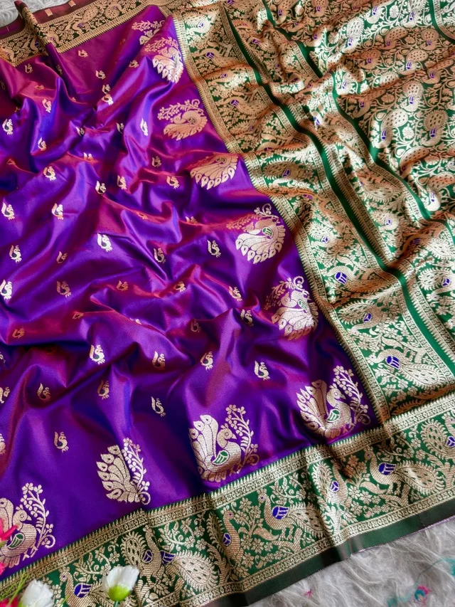 Authentic Maharashtrian Peshwai Paithani Silk Saree - Rich Royal Body with Grand Peacock Butta - FREE, Purple