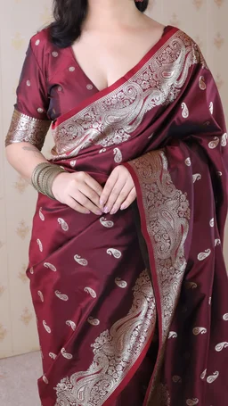 Banarasi Soft Silk Saree with Silver Zari Jaal Weaves - FREE, MAROON