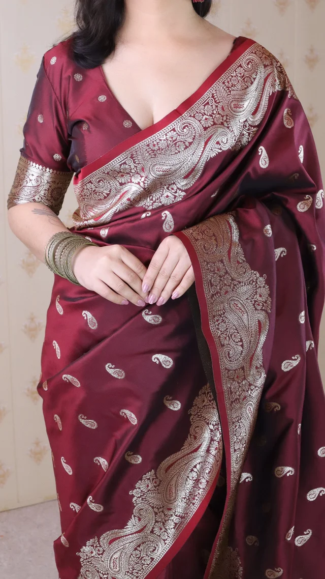 Banarasi Soft Silk Saree with Silver Zari Jaal Weaves - FREE, MAROON