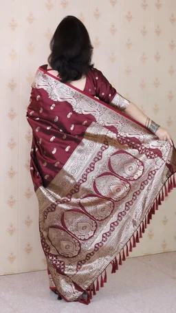 Banarasi Soft Silk Saree with Silver Zari Jaal Weaves - FREE, MAROON