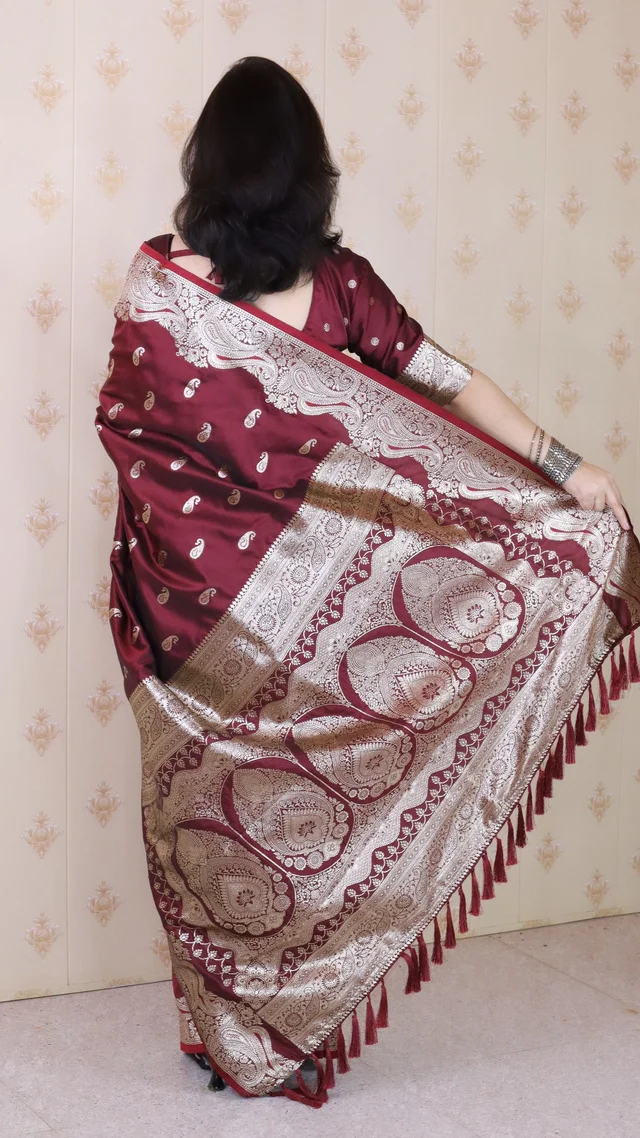 Banarasi Soft Silk Saree with Silver Zari Jaal Weaves - FREE, MAROON
