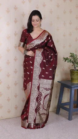 Banarasi Soft Silk Saree with Silver Zari Jaal Weaves - FREE, MAROON
