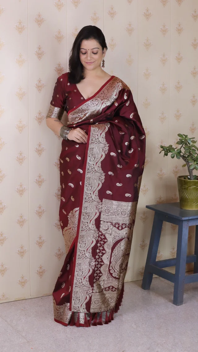 Banarasi Soft Silk Saree with Silver Zari Jaal Weaves - FREE, MAROON