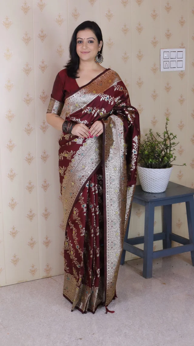 Banarasi Soft Silk Saree with Silver Zari Meenakari Jaal Weave