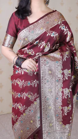 Banarasi Soft Silk Saree with Silver Zari Meenakari Jaal Weave - FREE, BANSI-MAROON
