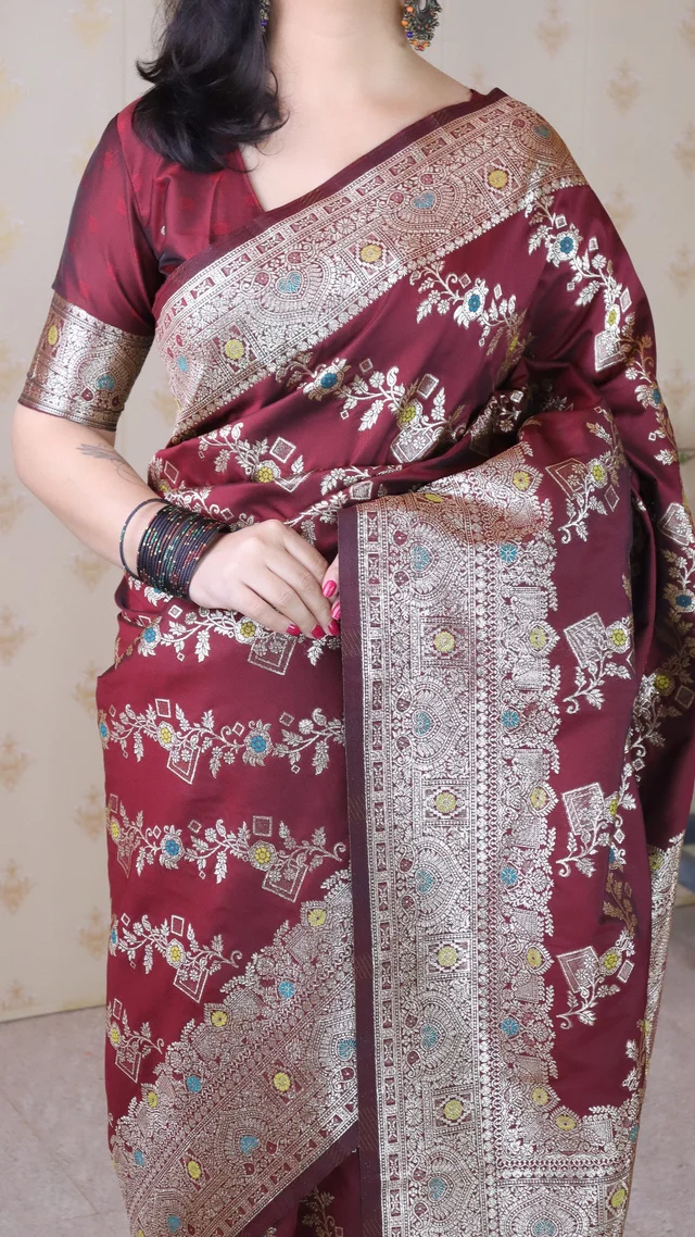 Banarasi Soft Silk Saree with Silver Zari Meenakari Jaal Weave - FREE, BANSI-MAROON