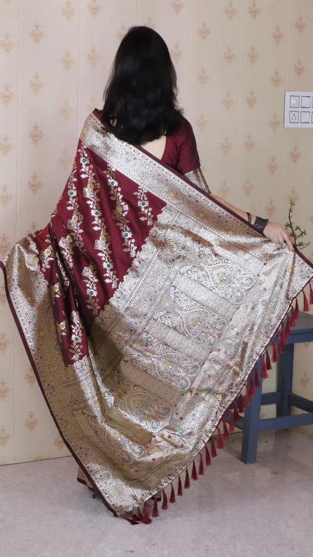 Banarasi Soft Silk Saree with Silver Zari Meenakari Jaal Weave - FREE, BANSI-MAROON