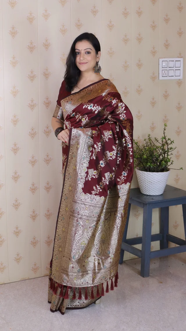 Banarasi Soft Silk Saree with Silver Zari Meenakari Jaal Weave - FREE, BANSI-MAROON
