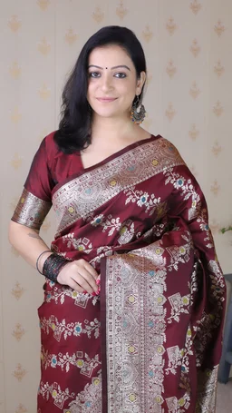 Banarasi Soft Silk Saree with Silver Zari Meenakari Jaal Weave - FREE, BANSI-MAROON