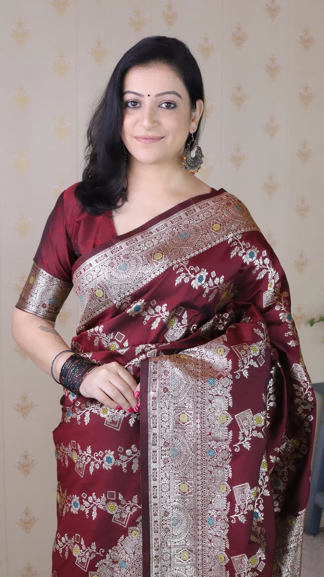 Banarasi Soft Silk Saree with Silver Zari Meenakari Jaal Weave - FREE, BANSI-MAROON