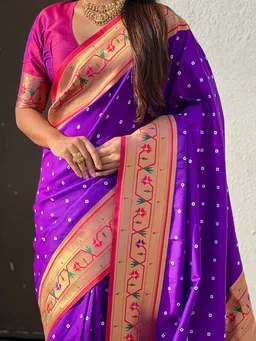 Bandhani Soft Silk Saree with Rich Paithani Meenakari Pallu - FREE, PURPLE