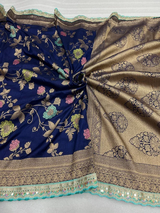Designer Dolla Silk Saree with Zari Pallu, Meenakari Body & Thread Work Border - FREE, Dark blue