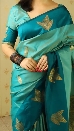 Dusty Soft Silk Saree with Zigzag Motifs & Floral Zari Border - FREE, DAMINI-BLUE