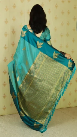 Dusty Soft Silk Saree with Zigzag Motifs & Floral Zari Border - FREE, DAMINI-BLUE