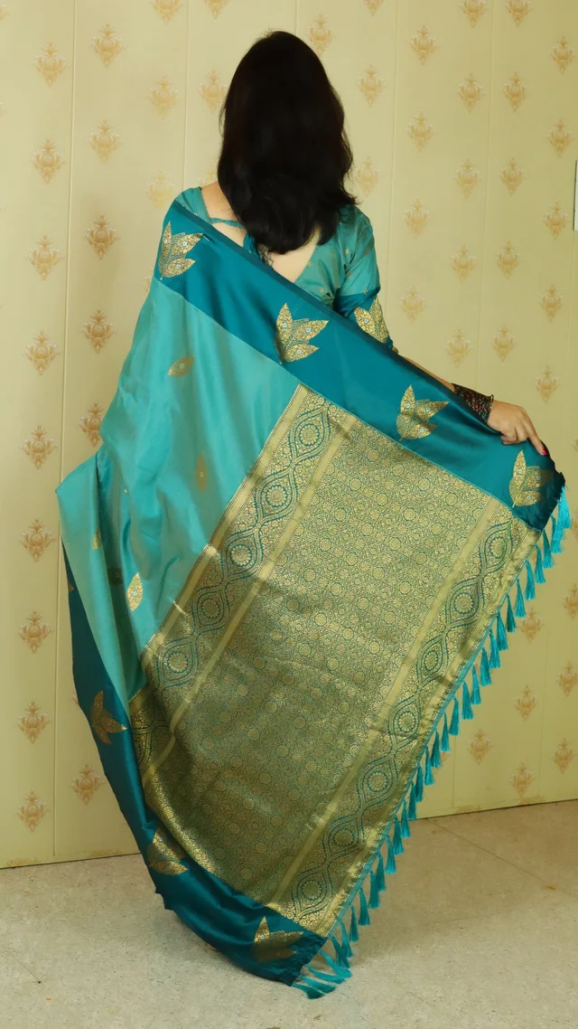 Dusty Soft Silk Saree with Zigzag Motifs & Floral Zari Border - FREE, DAMINI-BLUE