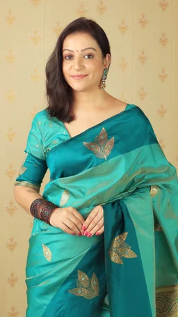 Dusty Soft Silk Saree with Zigzag Motifs & Floral Zari Border - FREE, DAMINI-BLUE