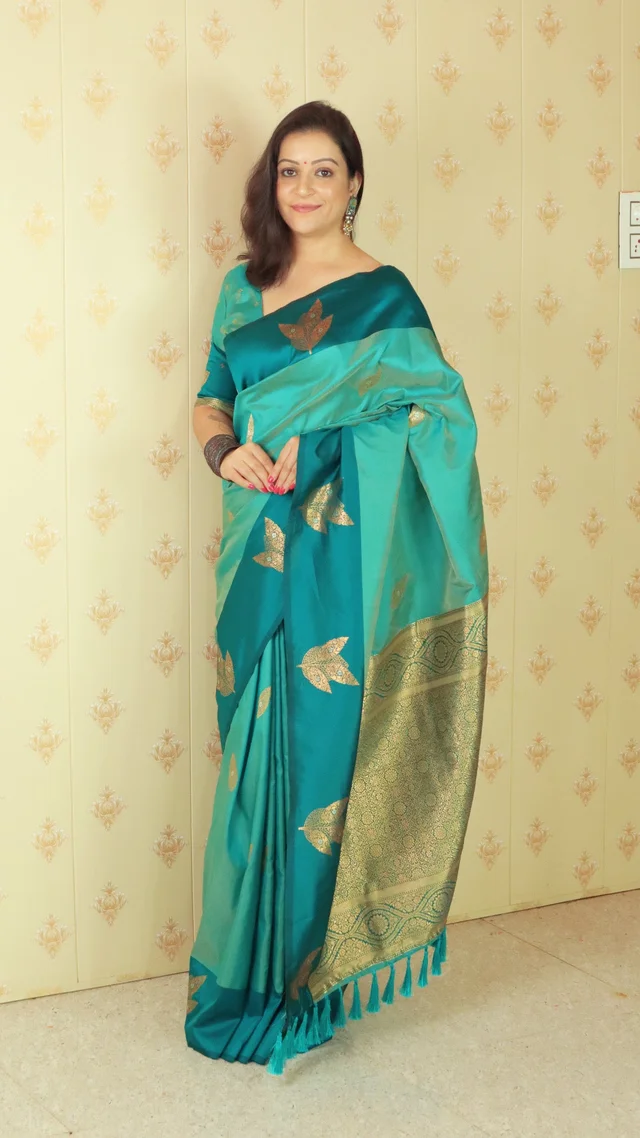 Dusty Soft Silk Saree with Zigzag Motifs & Floral Zari Border - FREE, DAMINI-BLUE