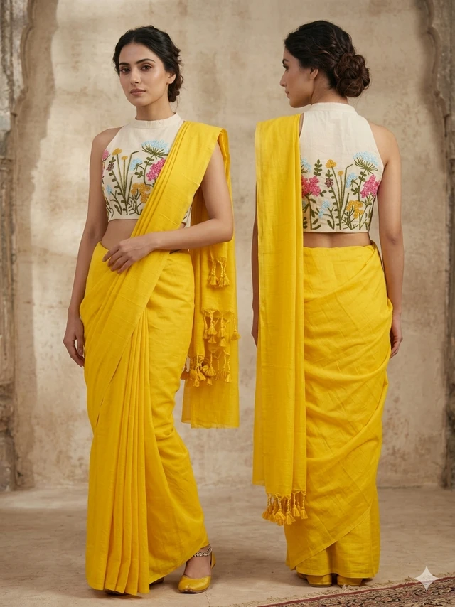 EF-210 Khadi Cotton Saree with Tassels & Work Blouse Piece