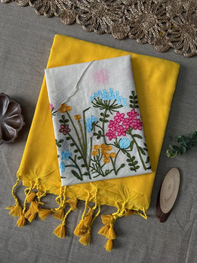 EF-210 Khadi Cotton Saree with Tassels & Work Blouse Piece - FREE, BrightYellow