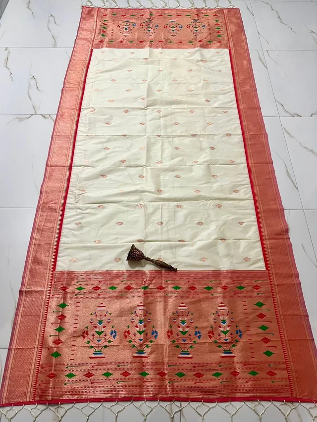 Elegant Off-White Soft Silk Dupatta with Classic Flower Pot Motif Heavy Heritage