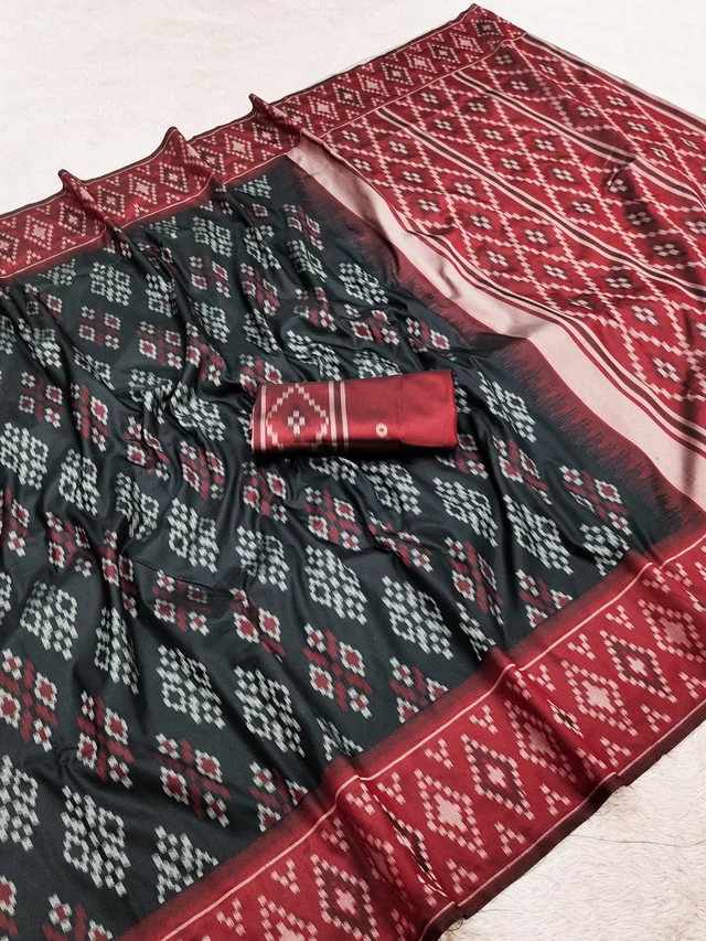 Exclusive Soft Silk Blend Ikkat Weaving Saree with Contrast Pallu & Matching Blouse-  MB 615