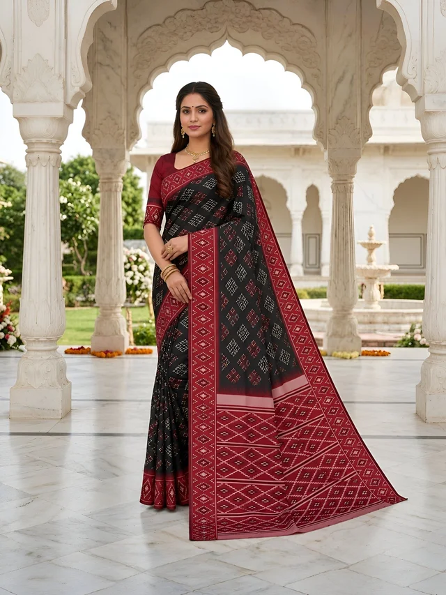 Exclusive Soft Silk Blend Ikkat Weaving Saree with Contrast Pallu & Matching Blouse- MB 615 - FREE, Black