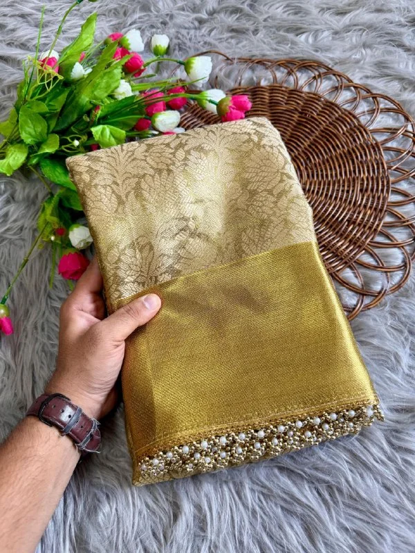 "Golden Tissue Silk Saree with Ghungroo & Pearl Border | Floral Motifs & Brocade Blouse | Party Wear