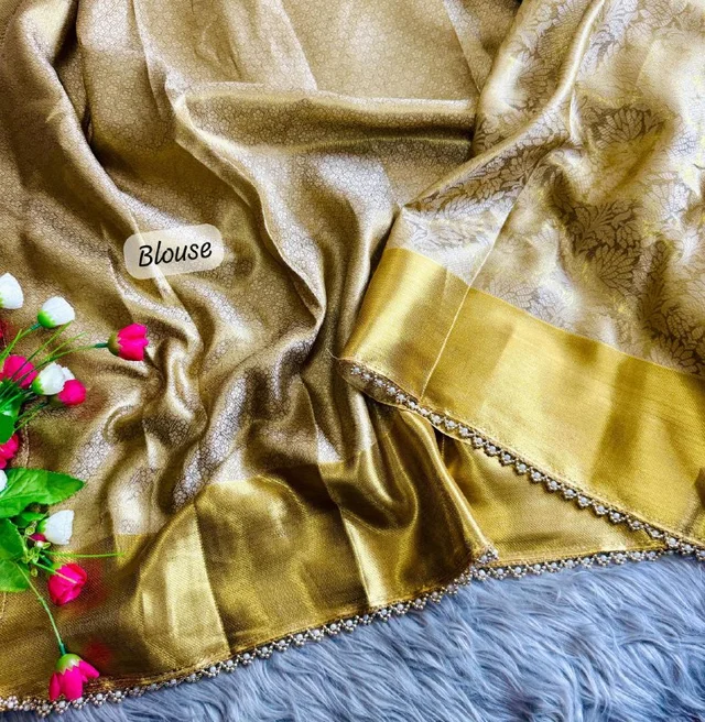 "Golden Tissue Silk Saree with Ghungroo & Pearl Border | Floral Motifs & Brocade Blouse | Party Wear - FREE, GOLDEN