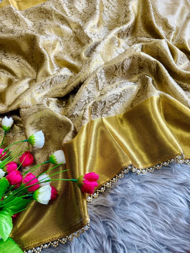 "Golden Tissue Silk Saree with Ghungroo & Pearl Border | Floral Motifs & Brocade Blouse | Party Wear - FREE, GOLDEN
