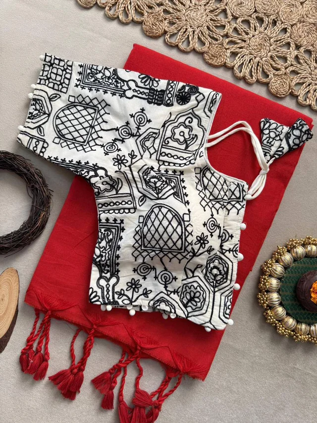 Handloom Khadi Cotton Black Saree with  Pom Pom Tassels and Adjustable Size 38-42 Blouse -CF- 197