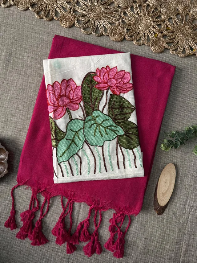 Handloom Khadi Cotton Saree Designer Embroidery Blouse Piece - [EF 210]