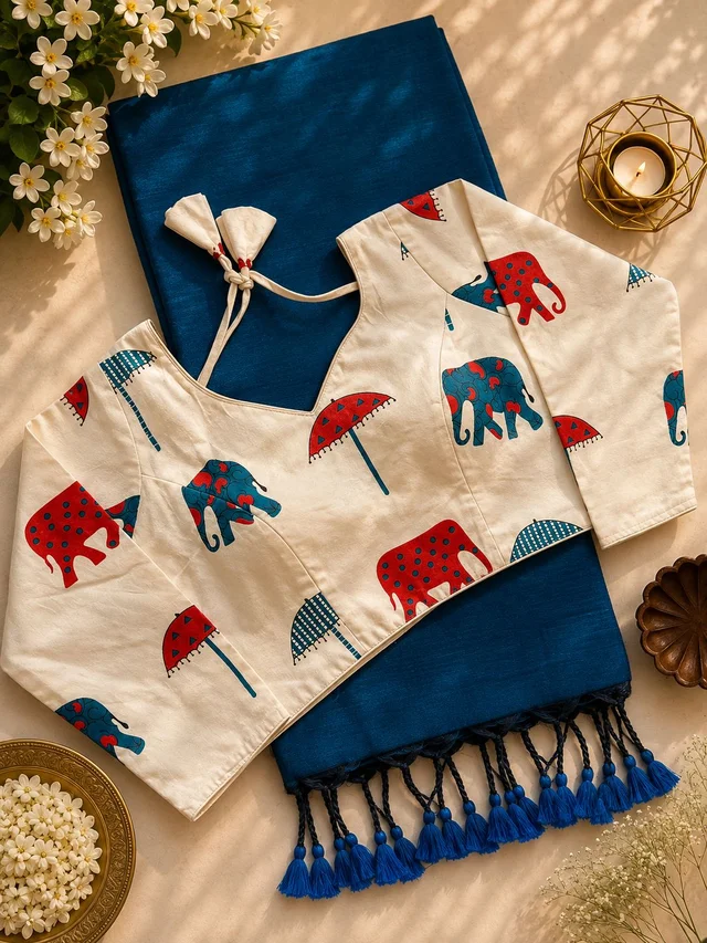 Handloom Khadi Cotton Saree + Heavy Printed Readymade Padded Blouse (CF-1108)