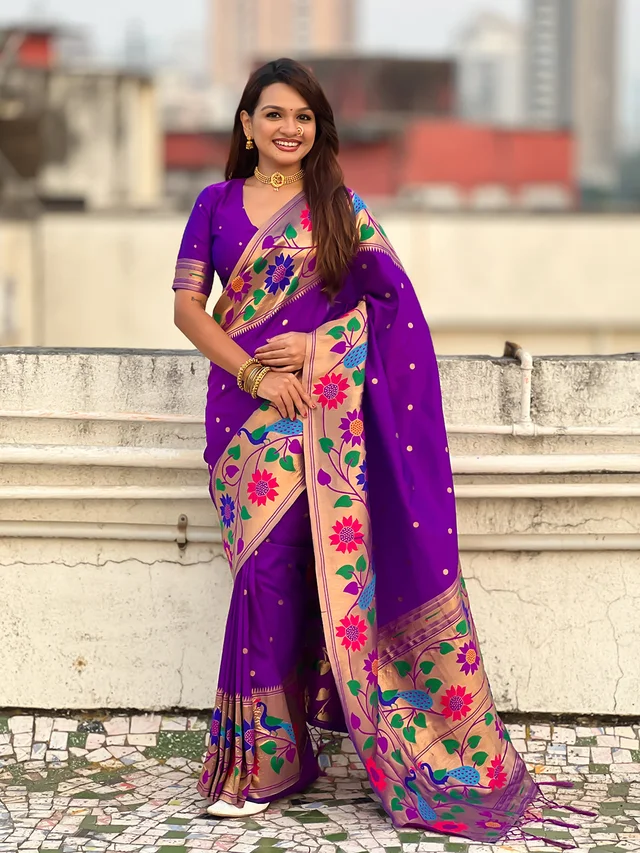 ISHWARI Original Paithani Silk Saree with 9-Inch Big Peacock Border and Meenakari Pallu