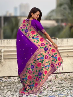 ISHWARI Original Paithani Silk Saree with 9-Inch Big Peacock Border and Meenakari Pallu - FREE, PURPLE-1
