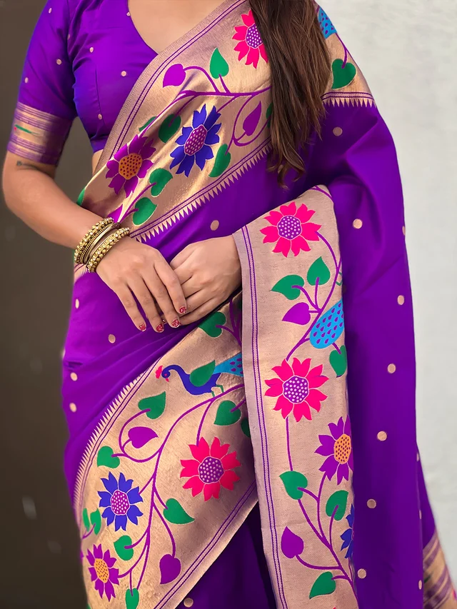 ISHWARI Original Paithani Silk Saree with 9-Inch Big Peacock Border and Meenakari Pallu - FREE, PURPLE-1
