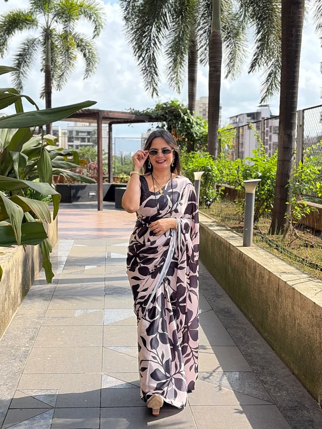 Jyotsna Gaikwad Style Off-White & Black Printed Satin Silk Saree with Blouse Running  Piece