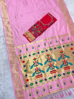 Jyotsna Inspired Aari Work Kalanjali Soft Silk Paithani Saree � Heavy Meenakari Pallu & Zari Border - FREE, Baby Pink
