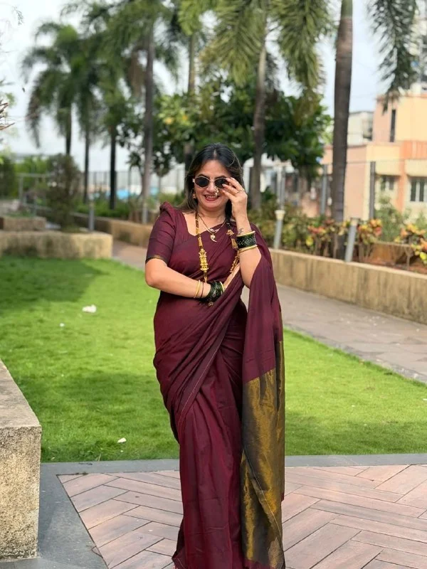 Jyotsna gaikwad Inspired Khadi Cotton Saree with Heavy Jari Pallu | Soft Cotton Traditional Festive Wear Saree with Running Blouse | Maroon