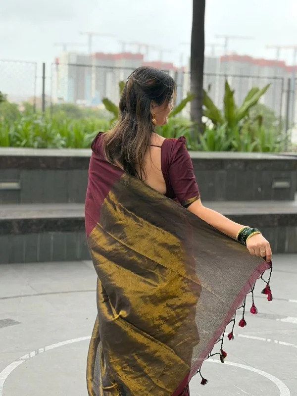 Jyotsna gaikwad Inspired Khadi Cotton Saree with Heavy Jari Pallu | Soft Cotton Traditional Festive Wear Saree with Running Blouse | Maroon - Free, MAROON