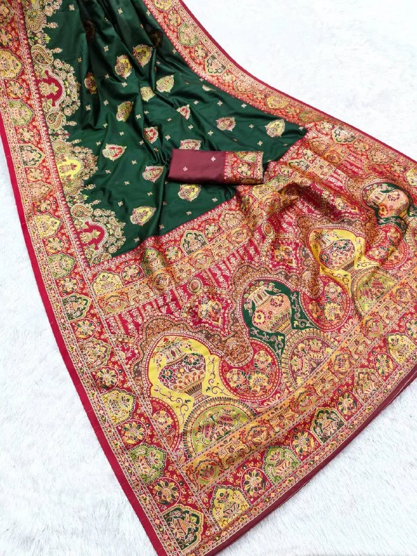 Kashida Pashmina Paithani Saree - Festive Woven Paisley Border & Contrast Blouse (MB-56)