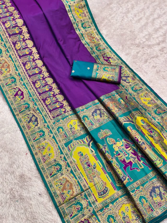 "KASHIDA PASHMINA" Pure Paithani Silk Saree | Rich Purple Body with Intricate Multicolor Paisley Border & Contrast Blouse