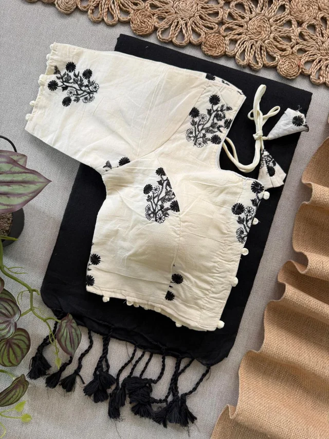 Khadi Cotton Saree in Solid  Heavy Embroidery Aura Cotton Designer Blouse- [CF- 166]