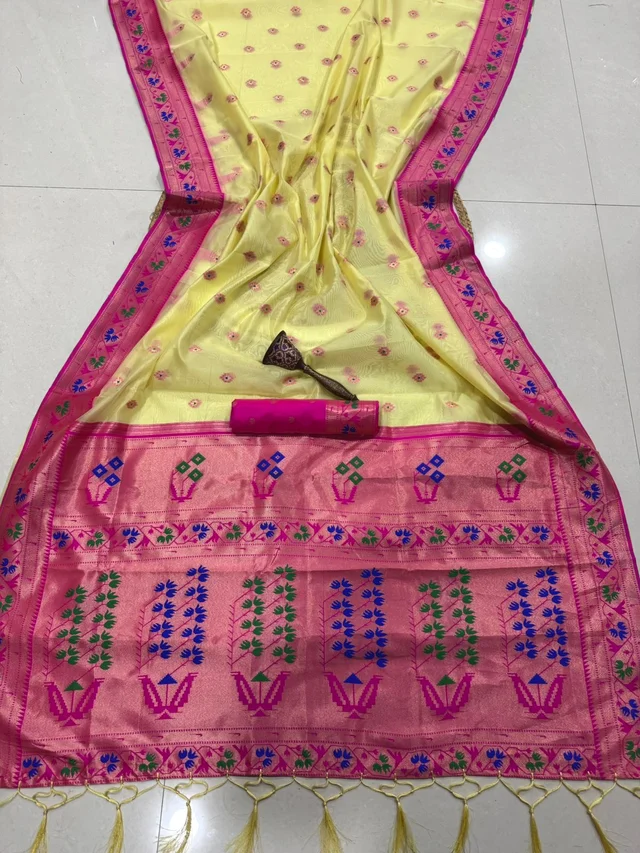 Lightweight Soft Organza Paithani Silk Saree featuring Traditional Meenakari Pallu & Tassels