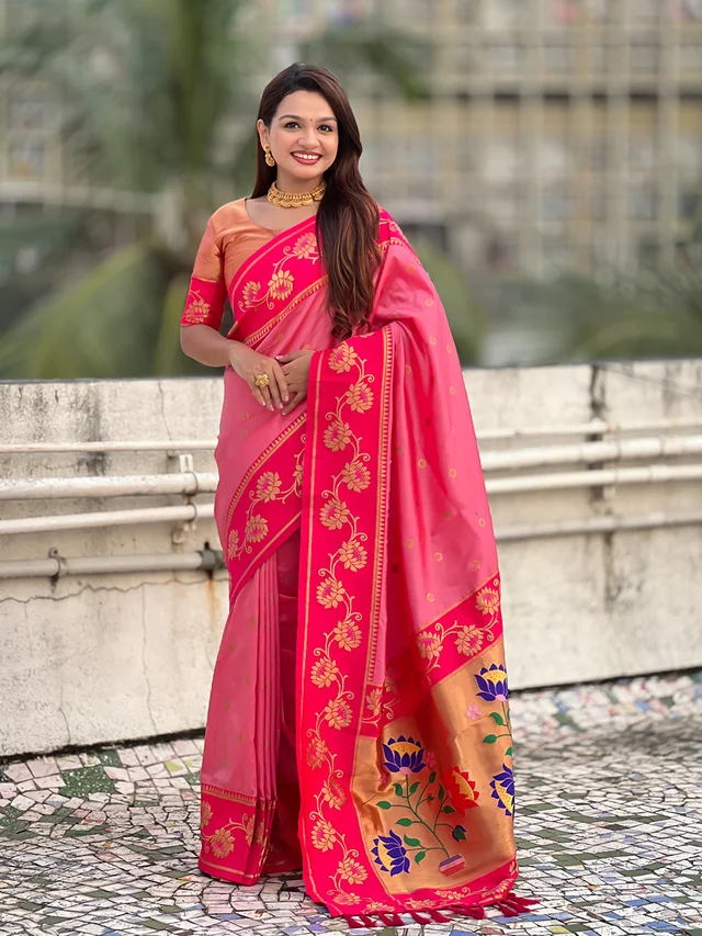 Lotus Paithani Soft Silk Saree with Gold Zari Floral Motifs & Meenakari Pallu